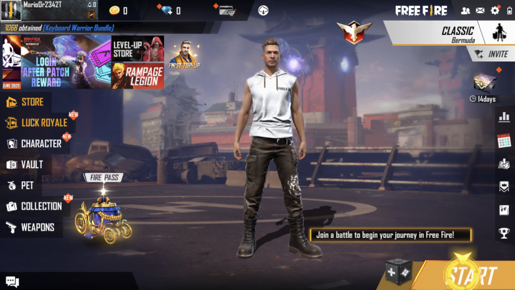 main menu of free fire